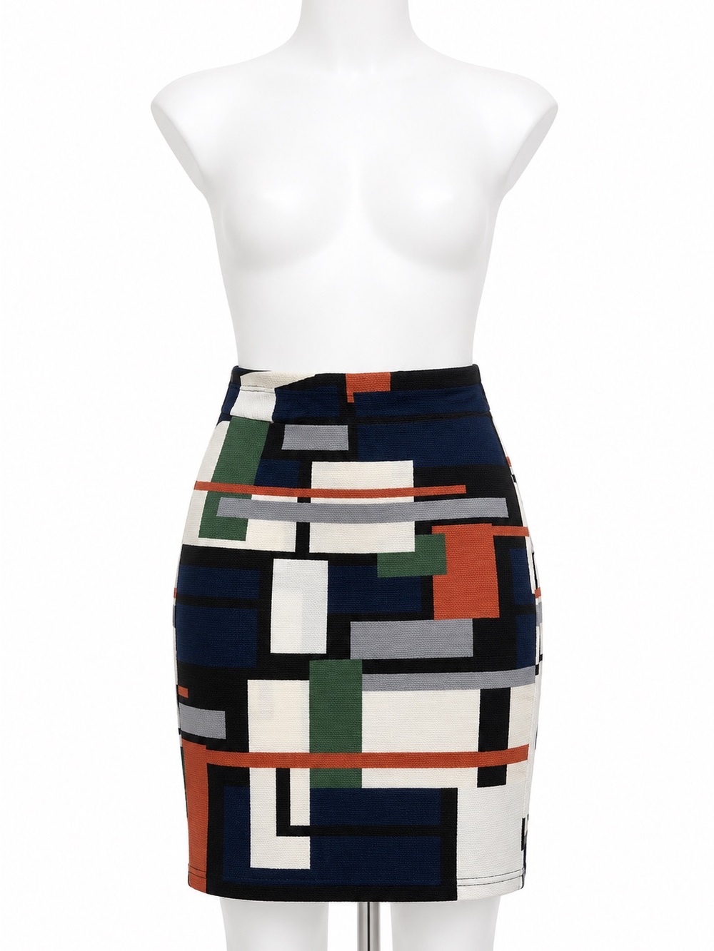 Geometric Print Pencil Skirt in Navy, Rust & Green
